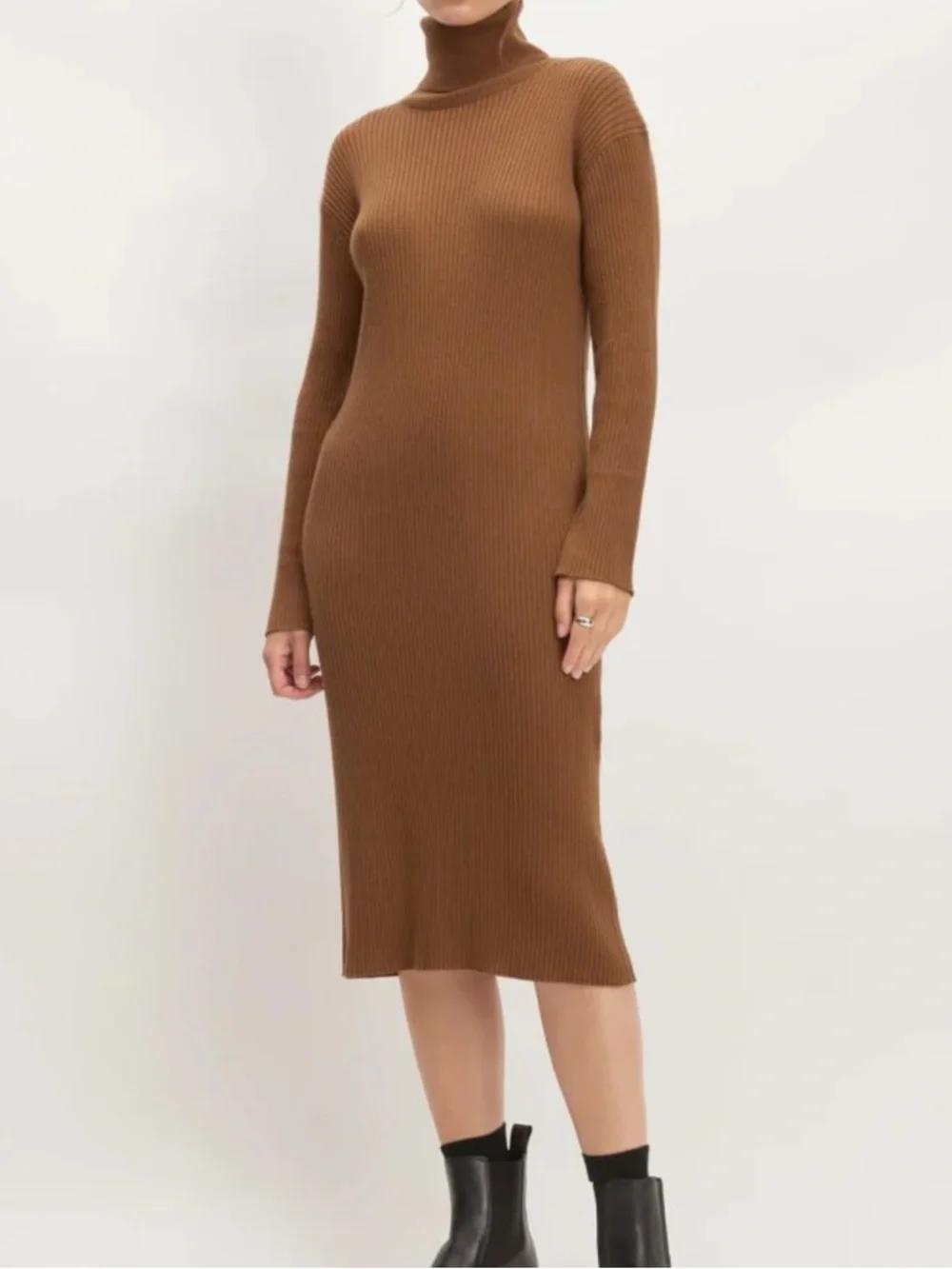 Everlane Cotton Merino Turtleneck Dress Camel Ribbed Midi Size XS